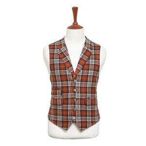 Mens Vest 44R Plaid Wool Orange Beige Waistcoat Western Casual Preppy Wedding